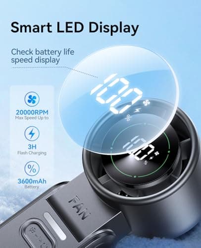 KIMMOO 3-in-1 Portable Handheld Turbo Fan-100 Speeds, 20000 RPM, 12Hrs Cooling, Digital Display, 120° Rotation, USB Rechargeable Mini Hand Held Personal Fan for Travel, Makeup, Outdoor, Indoor (Black) — view 6