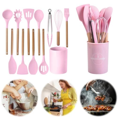 12 Pcs Kitchen Utensil Set, Silicone Cooking Utensils Set with Wooden Handle, Heat Resistant, Nonstick Cookware Tongs Spatula Spoon Set with Storage Bucket for Home, Camping, Dishwasher Safe (Pink) — view 4
