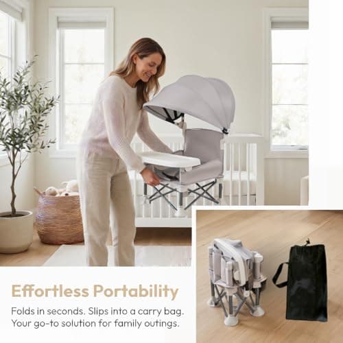 Little Bean Foldable Baby Booster Seat Dining Chair with Detachable Sunshade Travel Portable with Removable Tray for Indoor Outdoor Open Sit Folding Booster Feeding/Camping Chair for Toddler (Beige) — view 2