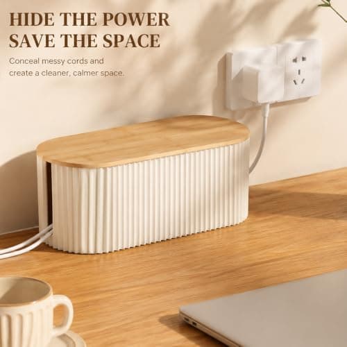 Velicber Cable Management Box Cable Tidy Box with Bamboo Lid 33x13x11 cm — view 3