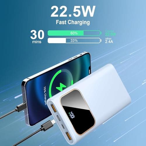 Power Bank Fast Charging 10000mAh, 22.5W Portable Charger USB C Input & Output Powerbank with LED Display, PD3.0 QC4.0 Phone Battery Pack for iPhone17/16/15/14/13/12, Android More，Blue — view 2
