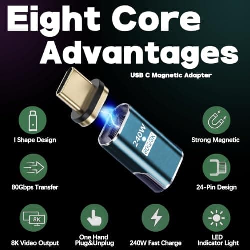 blicadijo USB C Magnetic Adapter - 240 W Type C Magnetic Plug 24 Pin with 80 Gbps 8K Fast Charge & Data Transfer for Laptops Tablets Smartphones - Tin Colour — view 2