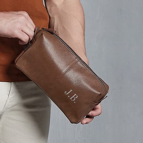 Personalised Wash Bag Embroidered Faux Leather Wash Bag Mens Toiletry Bag - Brown WashBag Men Vegan Leather Toilet Bag Initials Travel Gift — view 2