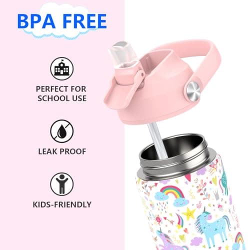 ntskood Girls Unicorn Water Bottle for School，Kids 12 oz Insulated Stainless Steel Cup with Straw, Double-Wall Vacuum Leakproof — view 3