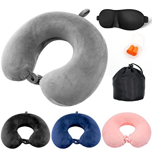 Jmbabe Travel Pillow - Memory Foam Neck Pillow Support Pillow,Luxury Compact & Lightweight Quick Pack for Camping,Washable Neck Support Pillow, Ear Plugs, Eye Mask & Carry Bag