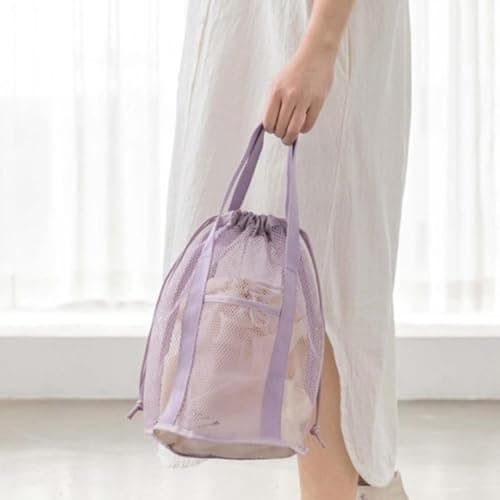 Mesh Shower Caddy Portable Hanging Bag with Drawstring & External Pocket, Sandproof Travel Beach Tote for Gym Camping Dorm College, Bathroom Toiletry Organizer for Men Women (Purple) — view 5