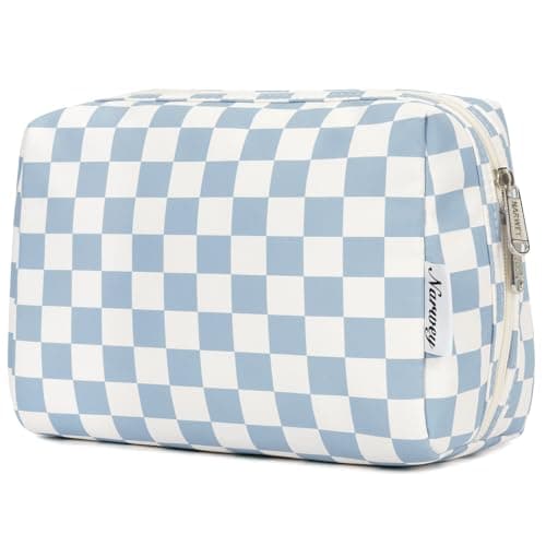 Large Makeup Bag Zipper Pouch Travel Cosmetic Organizer for Women (Sky Blue Checkerboard,Large)