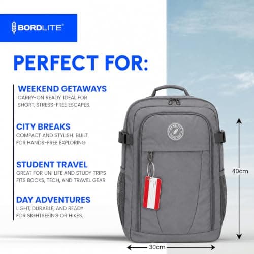 Bordlite Ryanair Cabin Backpack 40x30x20cm Underseat Bag, Personal Item Hand Luggage with Front Compartment, Compression Straps - Included Luggage Tag, Grey — view 5