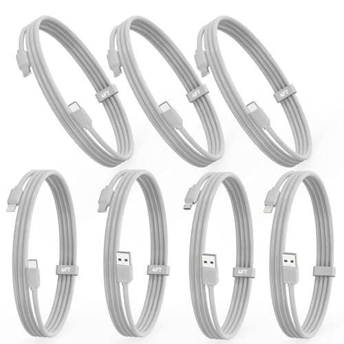 JuSoFU 4FT Mixed Charging Cables (7-Pack) Including C-C, USB-C, Micro USB, C-Lightning, USB-Lightning, Compatible with Charging Station, iPhone, Galaxy S26/25/24/23/22/21/20, Tablet, Laptop (White)