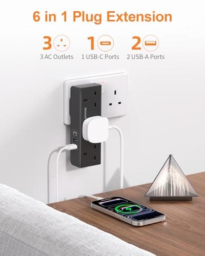 3 Way Plug Adapter, Multi Plug Extension Socket Black with USB C Slot — view 2