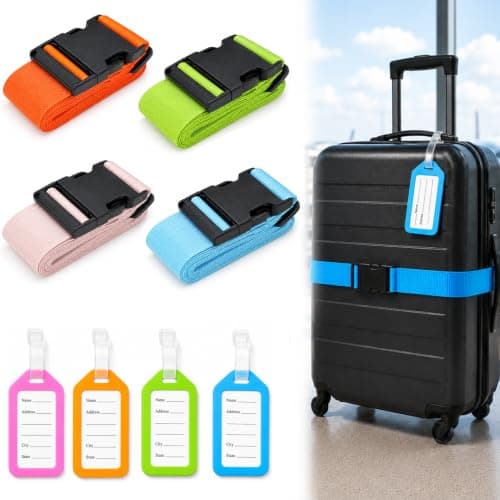 4Pcs Luggage Straps, Adjustable Suitcase Strap with 4Pcs Luggage Labels, Suitcase Identifier Belts Travel Packing Belt, 4 Colours Personalised Luggage Straps for Suitcases Baggage — view 6