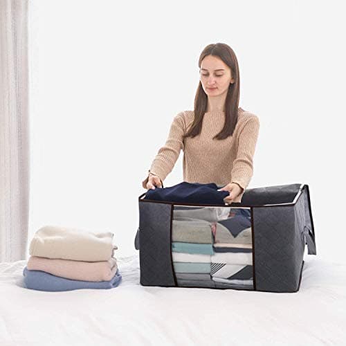 Lifewit Clothes Storage Bags, Foldable Storage Box Moving Bags Wardrobe Storage Organiser Packing Boxes for Moving House with Clear Window for Clothing Bedding Blankets, Grey, 95L, 6 Pack — view 2