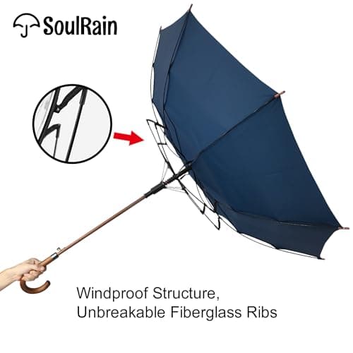 SoulRain 48" Large Umbrella–Golf Windproof Strong Stick Umbrellas,Wind Resistant Umbrella for Rain,Durable Travel&Rainproof Vintage Cane with Classic Wooden Handle for Mens & Women(Navy) — view 5