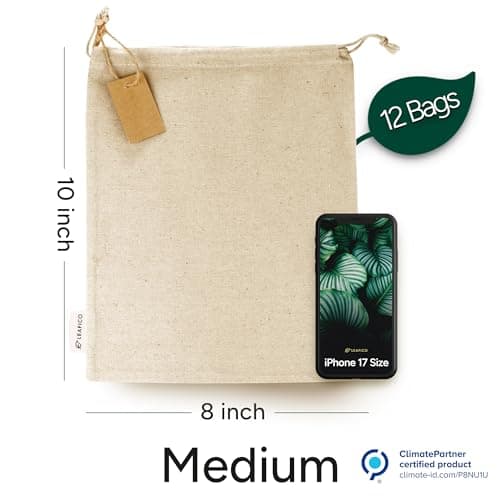Leafico Organic Cotton Produce Bags - Medium 20x25 cm (12 Pack) - Reusable Muslin Storage Bags with Drawstrings – Biodegradable Canvas Fabric - Perfect for Snacks, Clothes — view 2