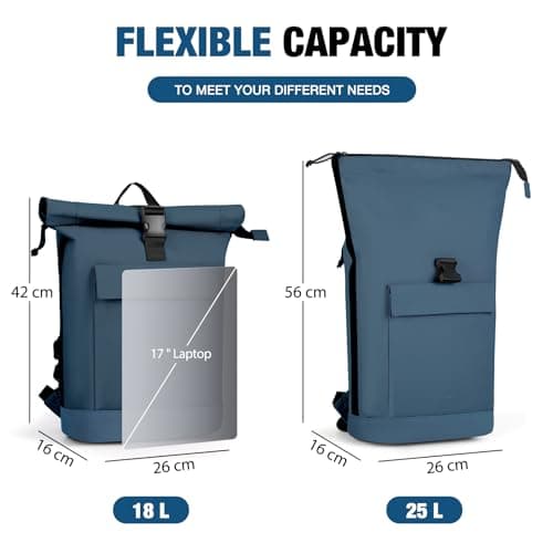 Lekeinchi Rolltop Backpack for Men and Women, Elegant Laptop bag, Waterproof with 17 Inch Laptop Compartment, Large Travel Backpack, Daypack, School, Travel, University (Blue) — view 3