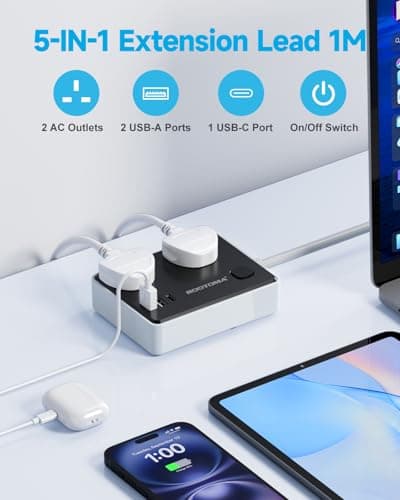Black Extension Lead 1M with 3 USB Slots, 2 Gang Short Extension Lead — view 2