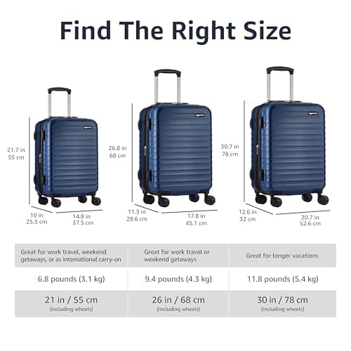 Amazon Basics Hard Shell Large Suitcase - Expandable ABS Travel Luggage with 4 Double Spinner Wheels - Scratch Resistant and Lightweight Construction - 78 x 52.6 x 32cm - Navy Blue — view 5