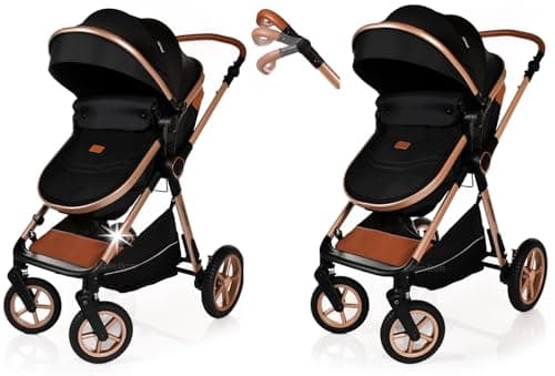 Baby Pram with Car Seat Lightweight Buggy Stroller Foldable Pushchair 3 in1 Baby Travel System Newborn Toddlers (Black - Rose Gold) — view 3
