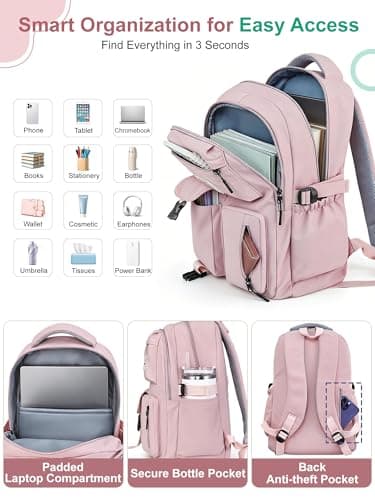 FIORETTO Lightweight School Backpack Womens, Cute School Bag for Teenager Girls, 15.6 Laptop Rucksack Backpack for School Casual Daypacks Travel Backpack for College Work Pink 25L — view 4