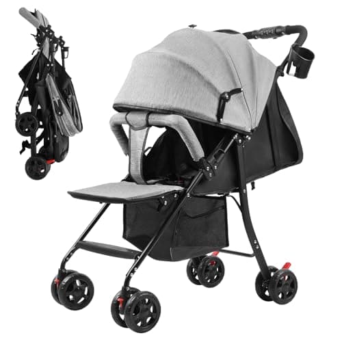 Adjustable Reclining Baby Stroller with Umbrella, 95°–175° Iron Frame Travel Stroller, 4.2 kg Lightweight Foldable Under-Seat Storage & Cup Holder 5-Point Harness for Toddlers 0–2 Years Grey