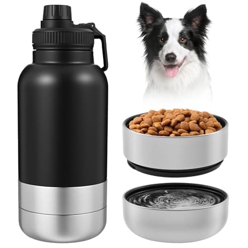 Alongen 3-in-1 Insulated Dog Water Bottle, 32oz Stainless Steel Travel Pet Flask with 2 Detachable Food Containers, Leakproof Multifunctional Dog Drinking Cup for Walking, Hiking, Outdoor