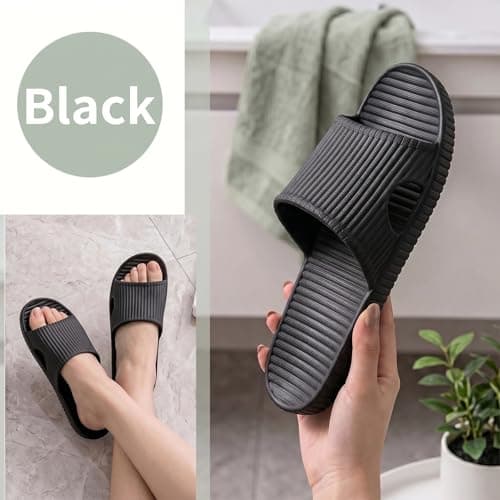 PUYTG Shower Shoes for Women/Men, Non-Slip Flat House Slipper Sandals, Lightweight Soft Flip Flop Shoes, Ladies Sliders for Home Bathroom Garden Poolside Beach Travel, Black, 4.5/5.5 UK — view 5