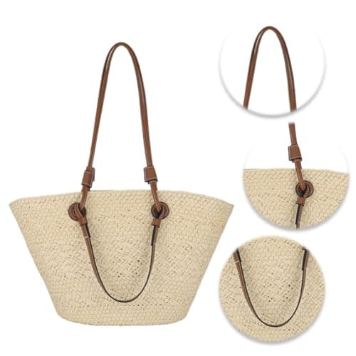 Fiorky Straw Tote Beach Bag Striped Shoulder Handbag Women Woven Tote Bag Fashion Shoulder Bag Large Capacity Summer Beach Bags Trendy Braided Bag Stylish Weaving Bag for Shopping Picnic — view 4