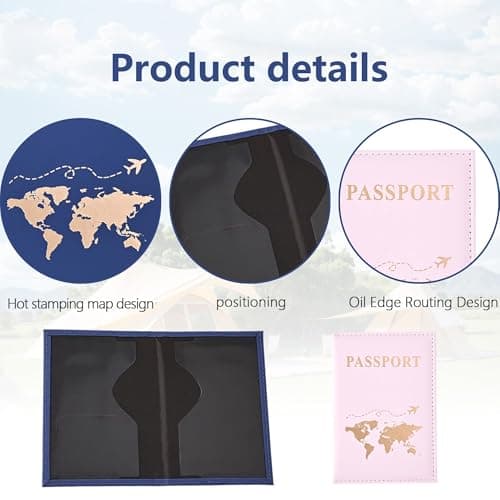 Noenaeni 2PCS Passport Holder, PU Leather Passport Cover, Blue, Pink — view 3