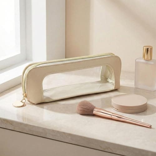 Elegant Beige Clear Makeup Bag with Transparent Window - Premium PU Leather Small Cosmetic Pouch for Travel, Office, and Daily Essentials Organisation, Rectangular Case with Gold Zipper and Rounded — view 3