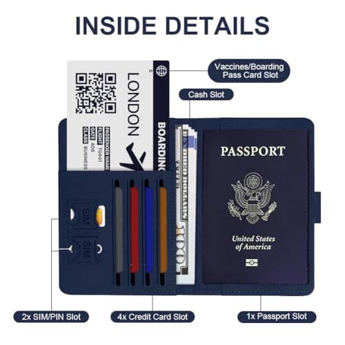 OFFCUP Passport Holder Cover, PU Leather Passport Cover and Luggage Tag Set with RFID Blocking Travel Wallet, Universal Travel Wallet Case Organiser for Money, Boarding Passes, Credit Cards Dark Blue — view 4