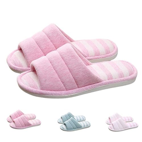Home Slippers for Women Memory Foam Soft Cotton Indoor House Shoes Open Toe Slip on Stripe Slides Travel Hotel Spa Bedroom Slippers — view 4