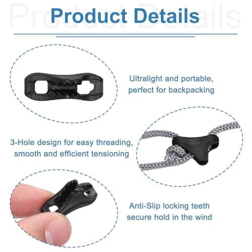 YELARXI Guyline Tensioners, Triangle Cord Adjuster 4mm 12Pcs Black Ultralight Tent Cord Paracord Tightener Rope Tensioner Fitting for Camping/Hiking/Backpacking/Outdoor Activity — view 3