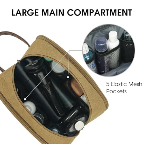 WANDF Toiletry Bag for Men, Travel Wash Bag with Handle, Water-Resistant Canvas Shaving Organiser, SBS Metal Zipper Dopp Kit for Makeup Bathroom Gym (Khaki) — view 3