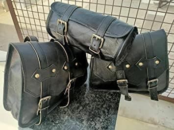 HANDBUCKS Saddle Bag Real Vintage Leather 2 Side Bag & 1 Tool Pouch || Motorcycle Swing Arm Panniers (Black), PS-09 — view 2