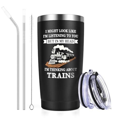 Livole Train Gifts for Men, Him, Dad, Christmas Gifts for Train Enthusiasts, Novelty Mens Present for Birthday, In My Head I'm Thinking about Trains, 20oz 600ml Double Walled Travel Coffee Tumbler Mug