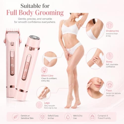 Bikini Trimmer Women - 2 in 1 Pink Electric Razor for Women & Men - USB-C Travel Lady Shaver Washable - Dual Head Body Hair Trimmer for Shaving Pubic Hair, Legs, Underarms, Lip, Face, Intimate Area — view 6