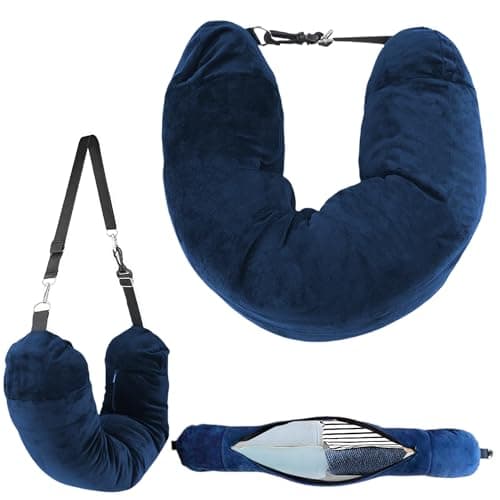 HAVIRI Fillable Travel Pillow, Portable Empty Neck Pillow Stuffable for Travel with Adjustable Straps, Soft Airplane Pillows Stuffable for Essentials Extra Luggage, Travel Essentials(Blue)