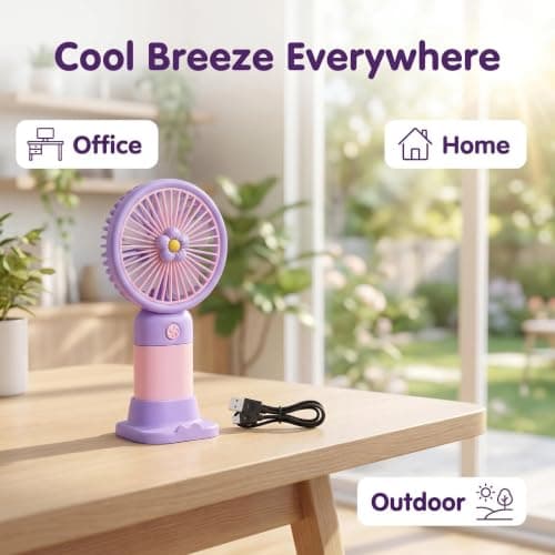 Mtbricey Mini Handheld Fan USB Rechargeable 2-in-1 Portable Hand Fan with Detachable Base 3 Speed Personal Small Fan Pocket Size Desk Fan for Travel Office Outdoor Cute Hand Held Fans (Purple) — view 3