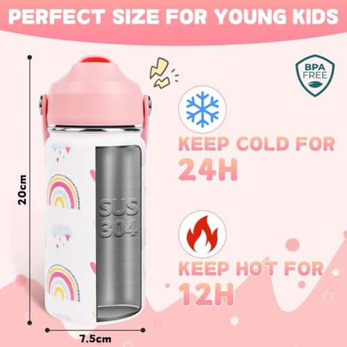 AMFUN 350ml /12oz Kids Insulated Water Bottle with Straw Lid,Small Flask Vacuum Insulated,Upgraded Leak Proof Lid with Straw & Handle for Boys Girls Hot Cold Drinks,BPA-Free (Rainbow) — view 3