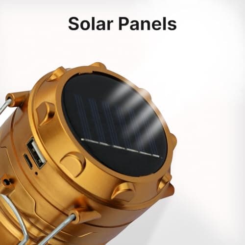 DOMIRA Solar & USB Rechargeable Camping Lantern – LED Camping Light Portable Solar-Powered Lantern Torch for Hiking, Fishing, Power Cuts & Survival Kits (Golden) — view 5