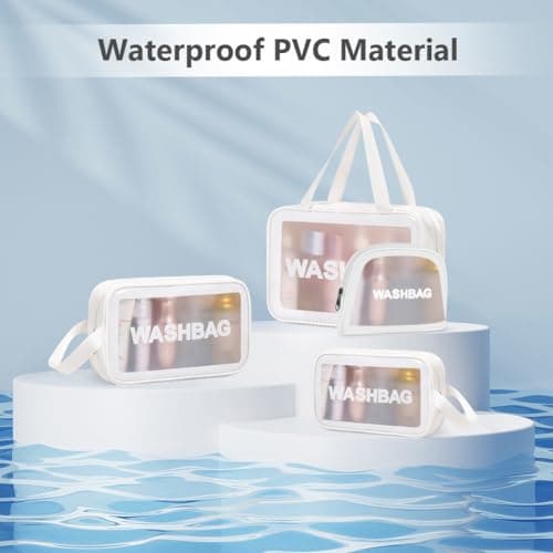 Aucuu 4PCS Clear Toiletry Bag, Wash Bag, Clear PU Makeup Bags, Waterproof Toiletry Travel Bags with Zipper Handle, Portable Airport Cosmetic B-ag for Travel Bathroom Men Women (White) — view 6