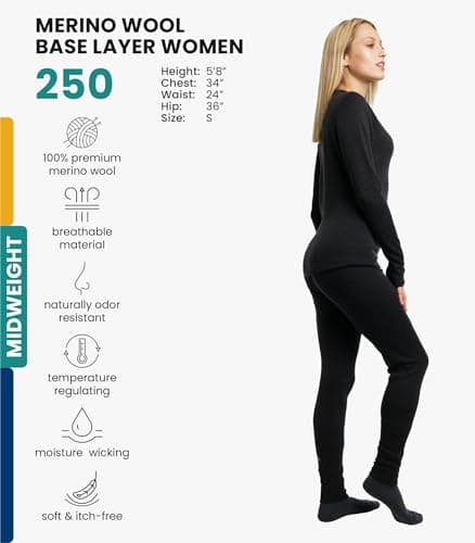 100% Merino Wool Base Layer Womens Set - Thermal Underwear Womens + Socks (Small, 250 Charcoal Grey) — view 2