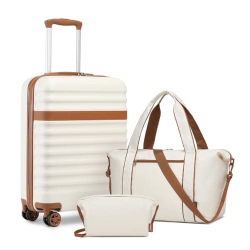 Kono Luggage Sets 3 Piece, Lightweight Cabin Suitcase Hard Shell ABS+PC Carry On Case with TSA Lock 4 Spinner Wheels, 20 Inch Trolley with Duffels Bag & Toiletry Bag Travel Set (Cream)