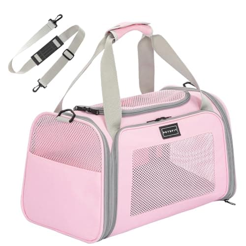 PETSFIT Soft Cat Carrier,Pink Pet Carrier with Extendable Fleece Mat, Puppy Carrier Airline Approved with Safety Leash for Travel Up to 5KG (44 * 26.5 * 27CM, Pink)