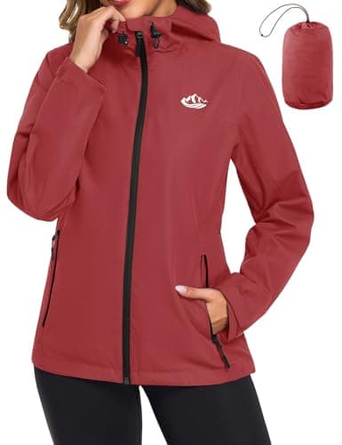 CMTOP Rain Coats for Women Waterproof Jacket Windproof Raincoat Lightweight Breathable Rain Jacket Packable Hooded Raincoats Functional Jacket with Zip Pockets for Spring Summer Autumn(Burgundy,XXL