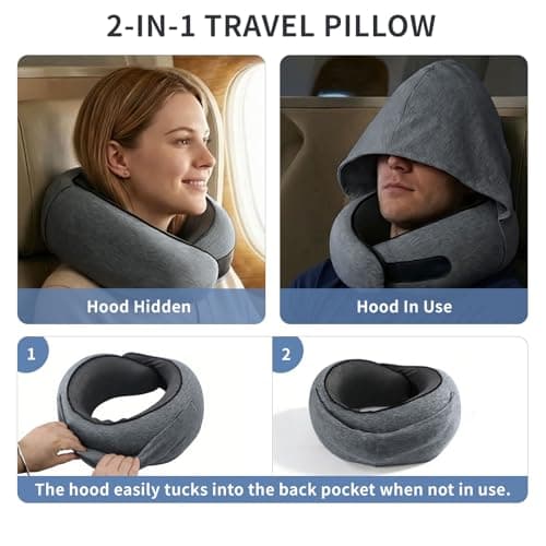 Cilnos Travel Pillow with Light Blocking Hood, Memory Foam Neck Pillow with 360° Ergonomic Support, Hooded Flight Pillow for Plane, Car & Home, Travel Neck Pillow for Adults & Kids (Dark Gray) — view 5