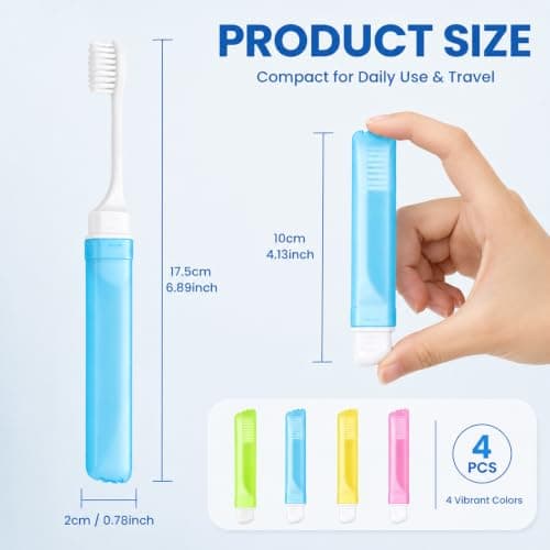 4Pcs Travel Toothbrush, Foldable Soft Bristle Toothbrushes with Travel Case, Portable Mini Toothbrush Set for Adults Kids, Camping Hiking Hotel Home Oral Care (Blue, Pink, Green, Yellow) — view 3