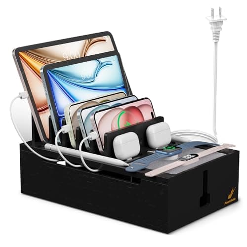 Pezin & Hulin Bamboo Charging Station for Multiple Devices, USB Charger Dock Organizer, with Power Supply (10 Ports HUB), 6 Cables, Cable Management Organizer for Cell Phones, Tablets -Black