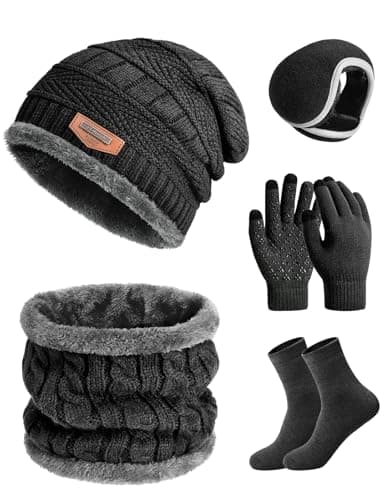 heekpek Mens Hat Scarf Glovers Set Unisex 5PCS Winter Set in Gift Box Fleece Lining Knitted Beanie Hat Earmuffs Neck Warmer Knit Gloves Thermal Socks Gift Set for Skiing Hiking Driving, Black