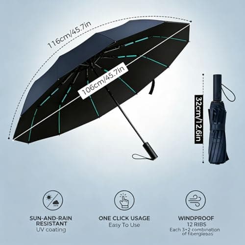 Compact Windproof Travel Umbrella, 12-Rib 3+2 Fiberglass Reinforced Frame, Auto Open & Close, Lightweight Portable Folding Umbrella, Waterproof Durable Umbrella for Daily Commute Outdoor Rain，Navy — view 2